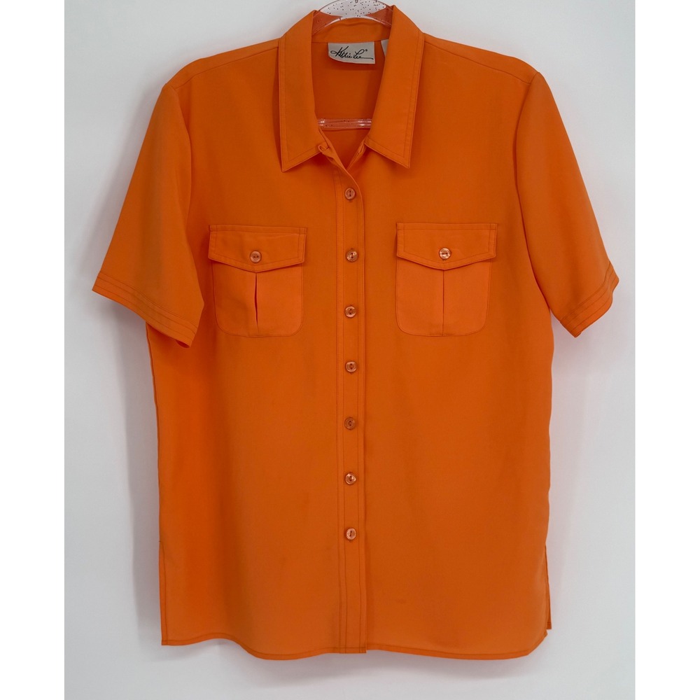 Kathie Lee Women Orange Short Sleeve Button Down Shirt Pocket Utility Top Sz 10